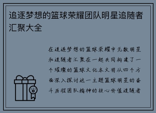 追逐梦想的篮球荣耀团队明星追随者汇聚大全